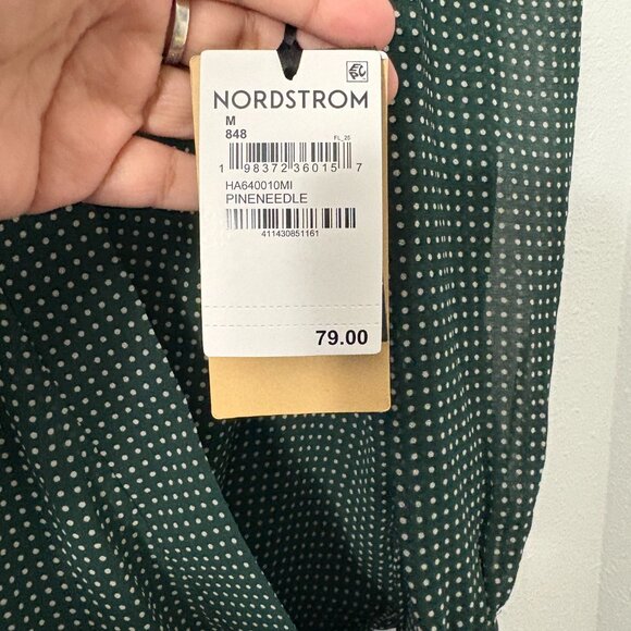 Halogen Polka Dot Faux Wrap Top V-Neck Sheer Sleeves Chiffon Green Size Medium - Picture 4 of 8